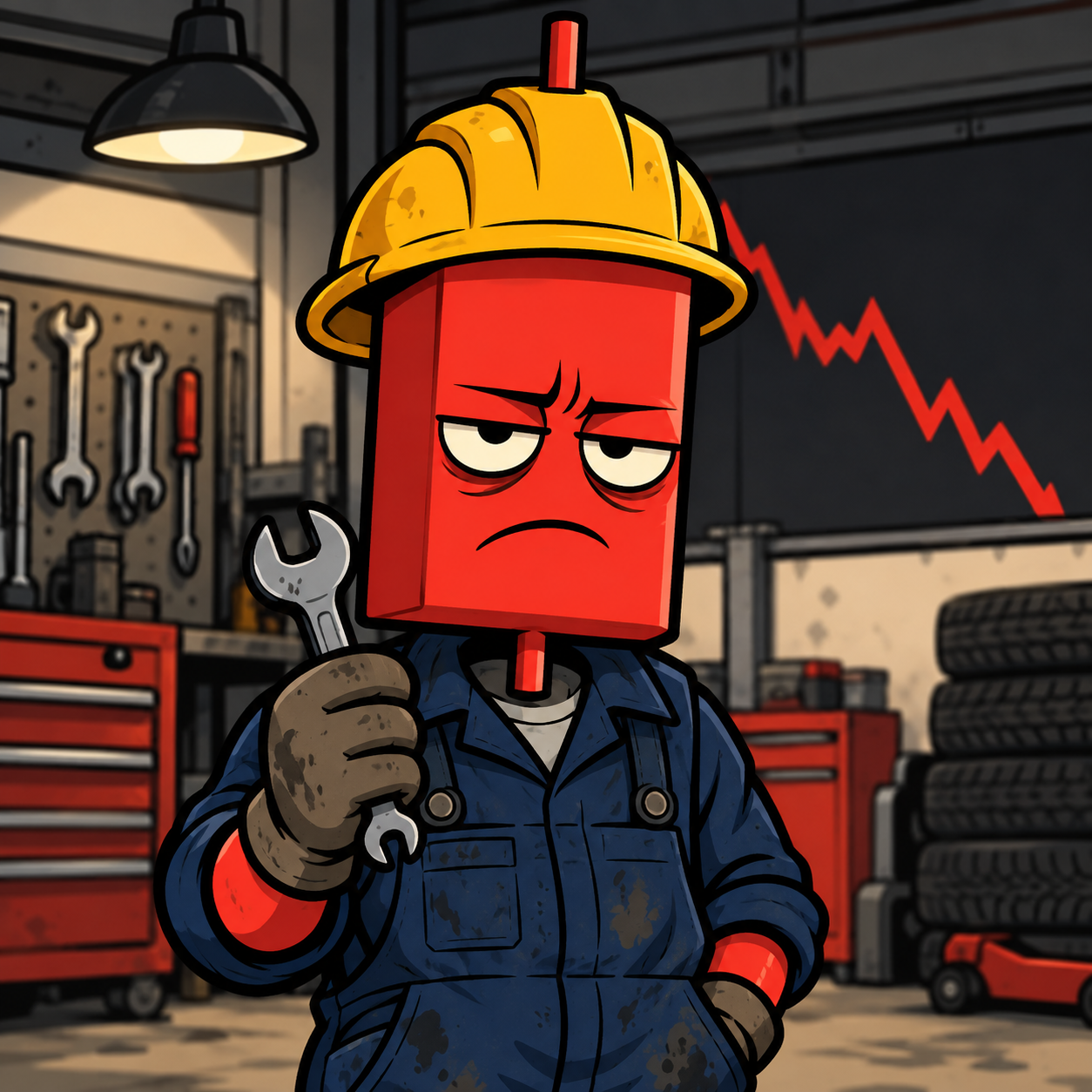 A tired red candlestick mechanic in a yellow hard hat holding a wrench